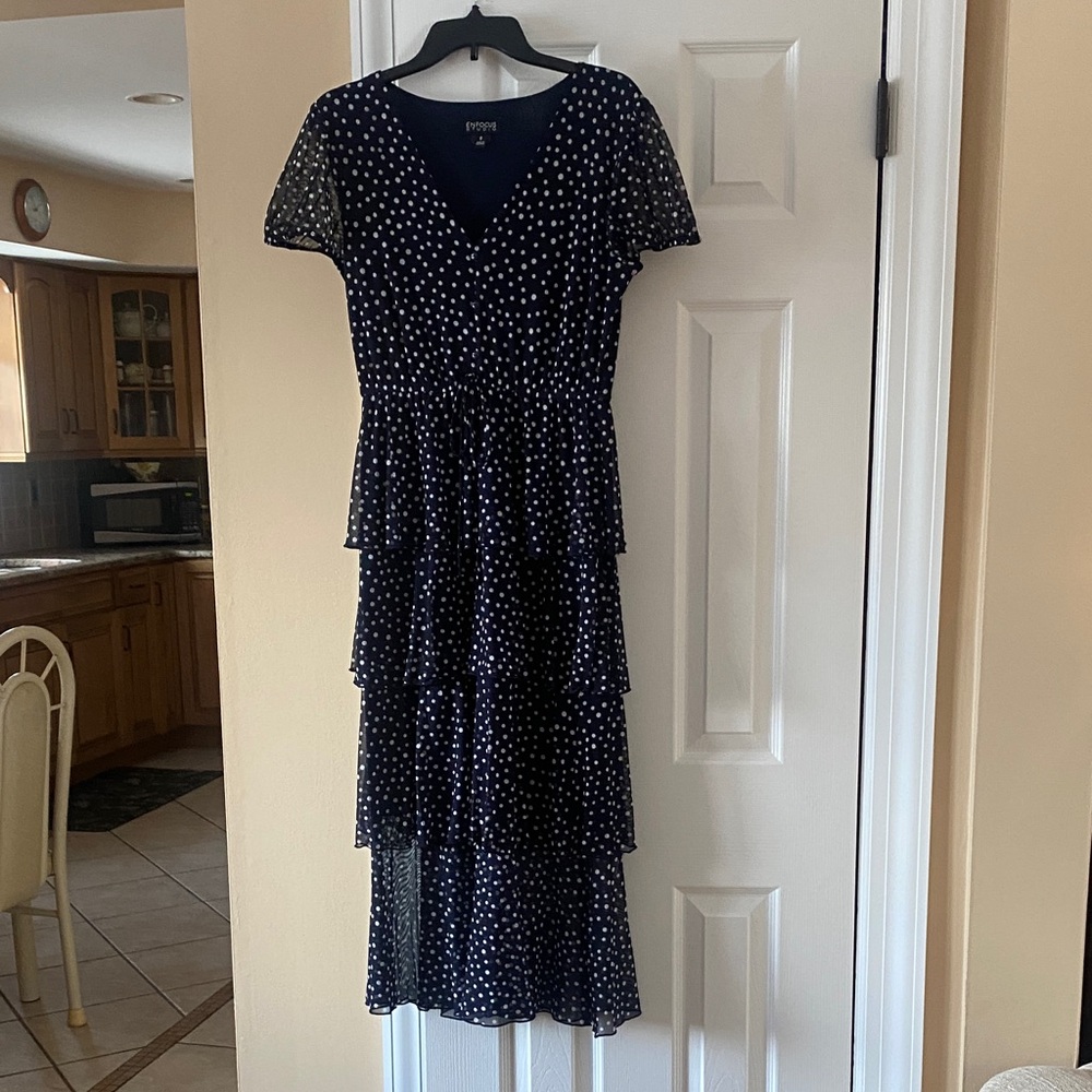 Enfocus Studio Navy and White Polka Dot Midi Dress